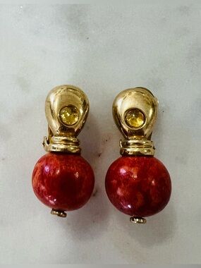 Vintage Statement FR Signed Red Coral Look Yellow Cabochon Clip On Earrings 1”